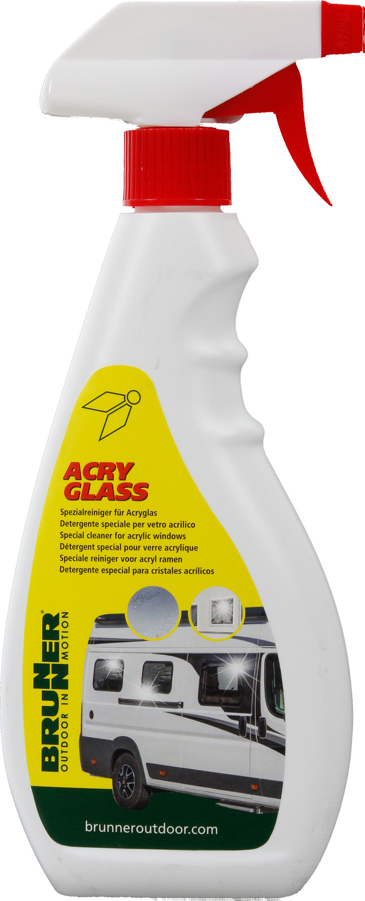 acry glass brunner pulizia vetro furgoni campervan flacone plastica spruzzino sfondo bianco tappo rosso 