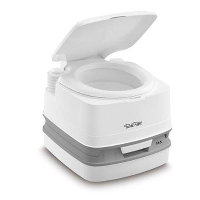Thetford Porta Potti Qube 145 - Toilette da campeggio da 15 l, con serbatoio naturale altezza seduta + chimica igienica, scopino per WC Fiamma + Thetford Aquasoft. Sport e tempo libero - Emporio Degani