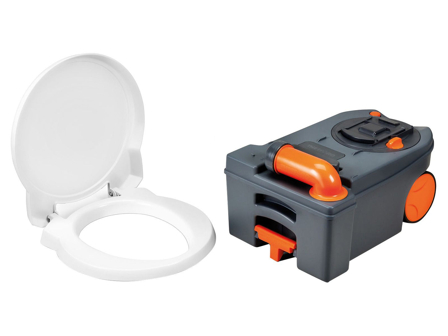wc chimico toilette serbatoio plastica nero arancione con ruote per trasporto camper sfondo bianco